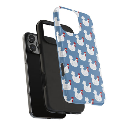 Exploded view of white chicken phone case showing impact-resistant hard shell and shock-absorbing rubber liner.