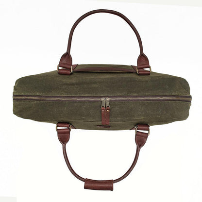 Top zipped view of the White Wing Waxed Canvas Large Cooler - 35L in Smoke-Forest by Mission Mercantile Leather Goods.