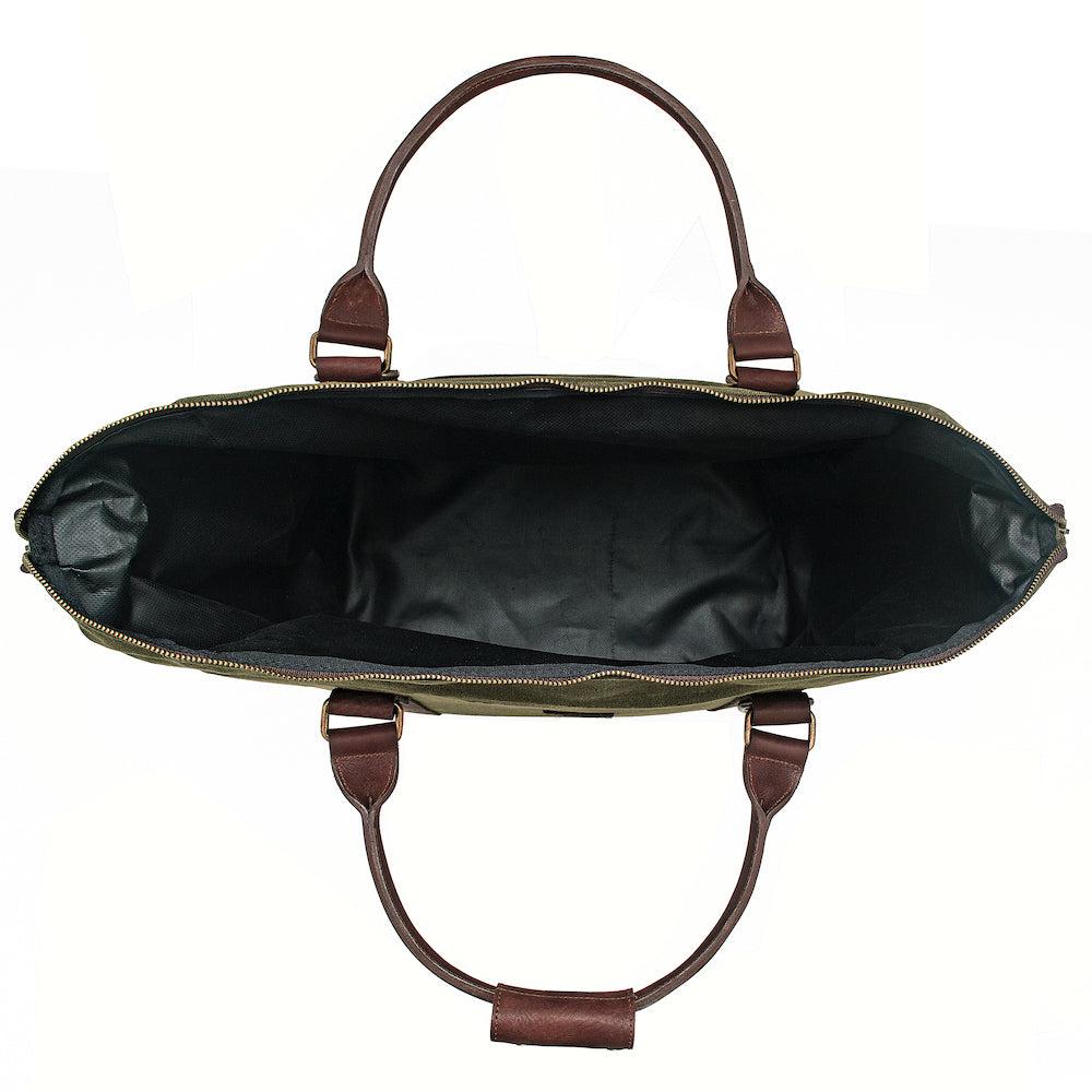 Open top view White Wing Waxed Canvas Large Cooler - 35L in Smoke-Forest by Mission Mercantile Leather Goods.