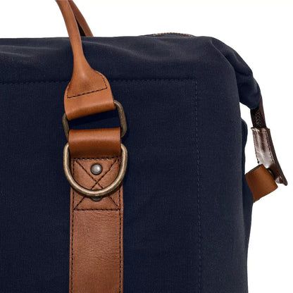 Detail up-close view of the White Wing Waxed Canvas Large Cooler - 35L in Hickory-Navy by Mission Mercantile Leather Goods.