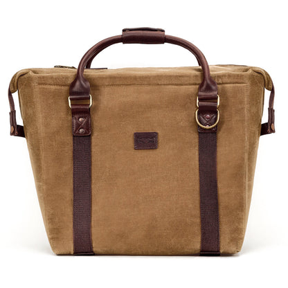 Front view of White Wing Waxed Canvas Large Cooler - 35L in Smoke-Brown by Mission Mercantile Leather Goods.