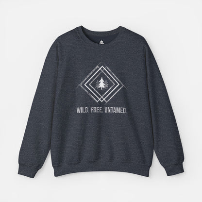 Wild. Free. Untamed. Rustic Crewneck Sweatshirt in navy heather on a white background, featuring a geometric tree sketch design for nature lovers.