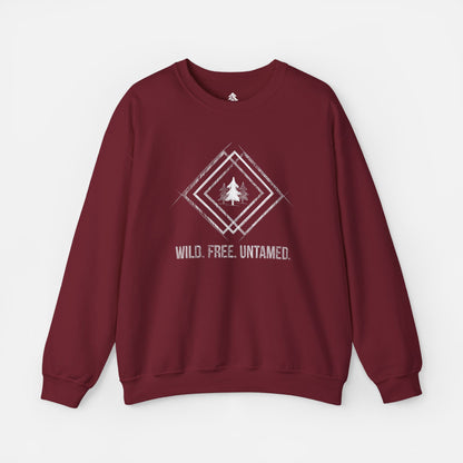 Wild. Free. Untamed. Rustic Crewneck Sweatshirt in red on a white background, featuring a geometric tree sketch design for nature lovers.
