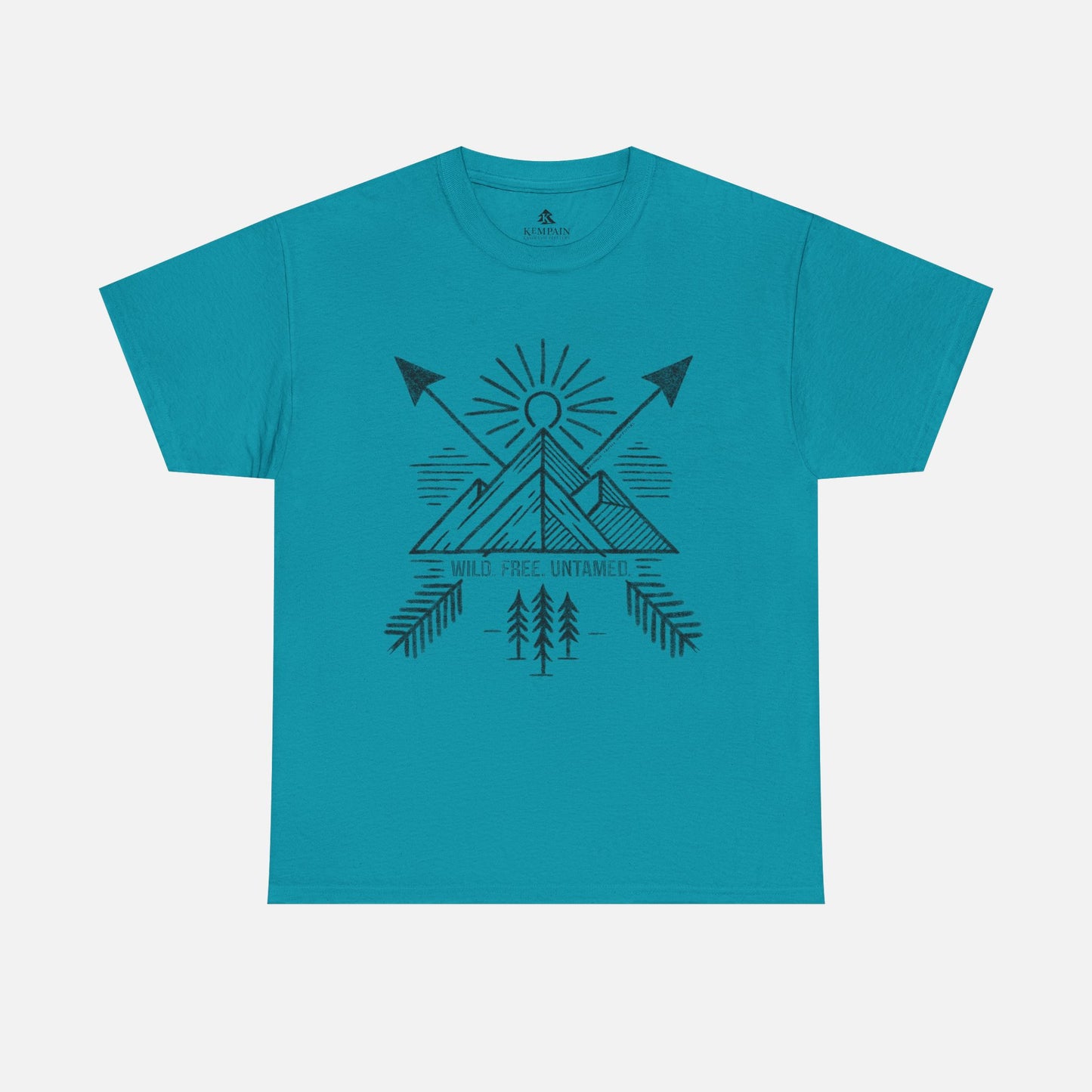 Wild. Free. Untamed. Adventure-Inspired Unisex T-Shirt in blue on a white background, showcasing a rugged outdoor-themed design for nature lovers.