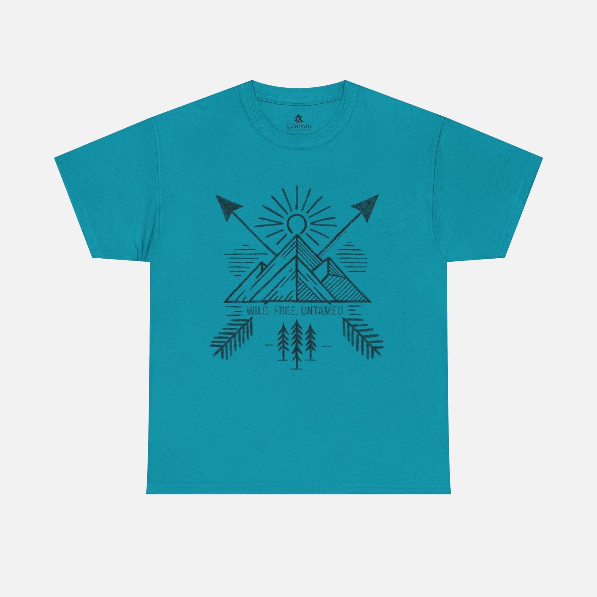 Wild. Free. Untamed. Adventure-Inspired Unisex T-Shirt in blue on a white background, showcasing a rugged outdoor-themed design for nature lovers.