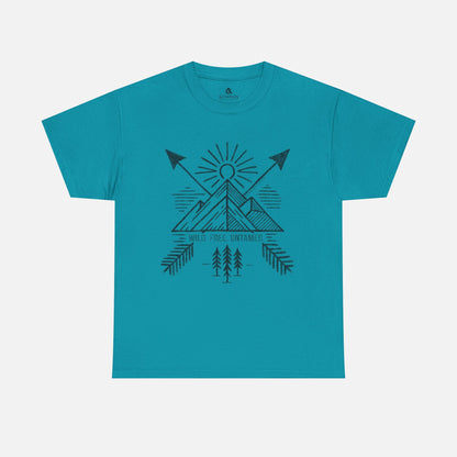 Wild. Free. Untamed. Adventure-Inspired Unisex T-Shirt in blue on a white background, showcasing a rugged outdoor-themed design for nature lovers.