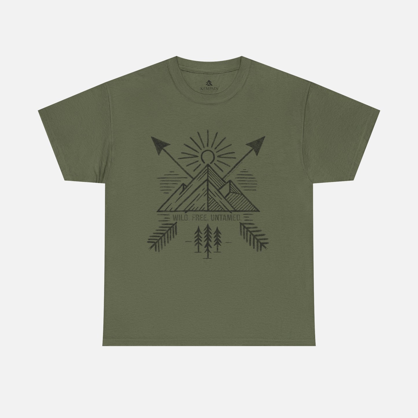 Wild. Free. Untamed. Adventure-Inspired Unisex T-Shirt in military green on a white background, showcasing a rugged outdoor-themed design for nature lovers.