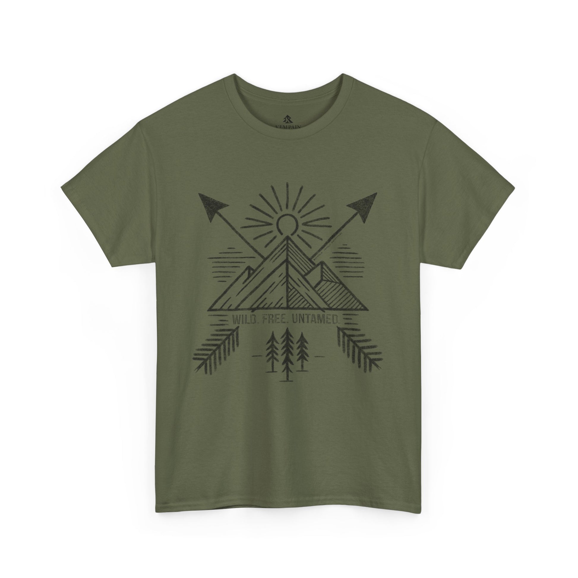 Wild. Free. Untamed. Adventure-Inspired Unisex T-Shirt in military green on a white background, showcasing a rugged outdoor-themed design for nature lovers.