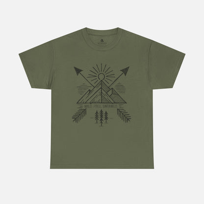 Wild. Free. Untamed. Adventure-Inspired Unisex T-Shirt in military green on a white background, showcasing a rugged outdoor-themed design for nature lovers.