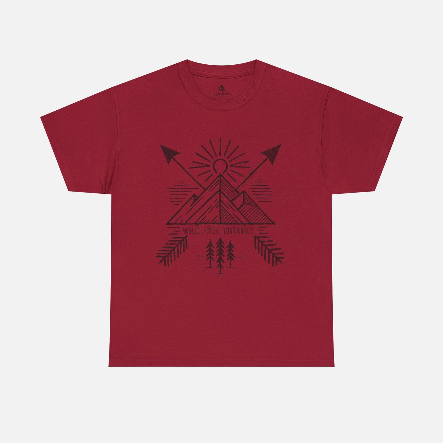 Wild. Free. Untamed. Adventure-Inspired Unisex T-Shirt in red on a white background, showcasing a rugged outdoor-themed design for nature lovers.