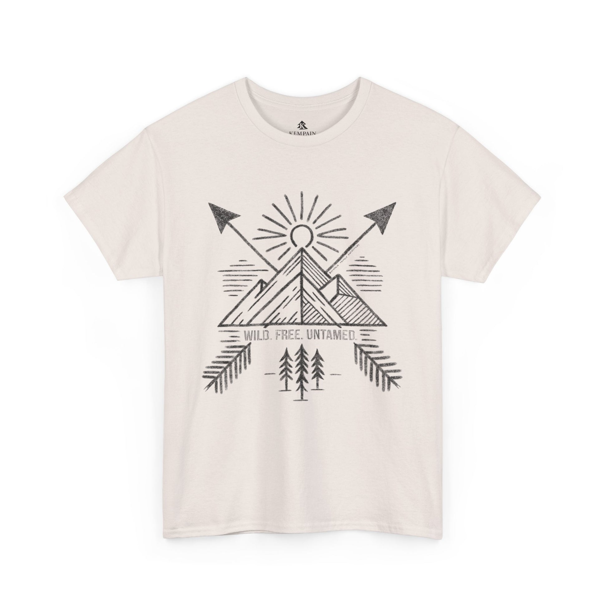 Wild. Free. Untamed. Adventure-Inspired Unisex T-Shirt in white on a white background, showcasing a rugged outdoor-themed design for nature lovers.