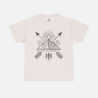 Wild. Free. Untamed. Adventure-Inspired Unisex T-Shirt in white on a white background, showcasing a rugged outdoor-themed design for nature lovers.