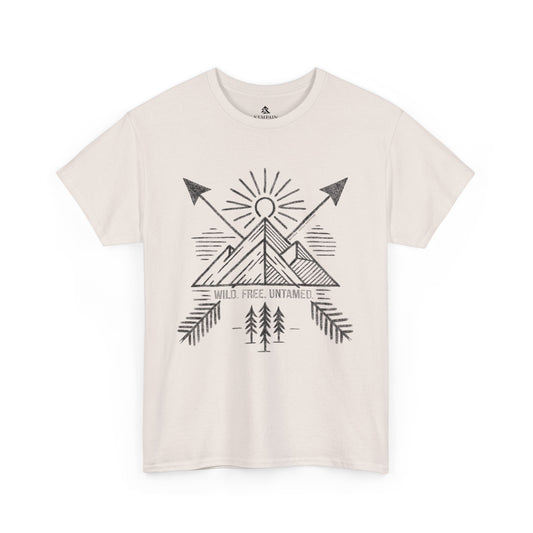 Wild. Free. Untamed. Adventure-Inspired Unisex T-Shirt in white on a white background, showcasing a rugged outdoor-themed design for nature lovers.