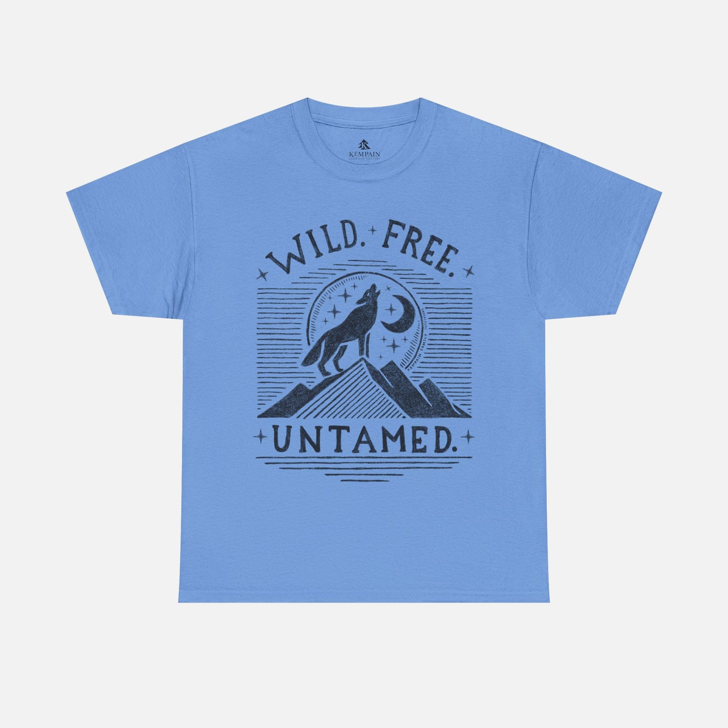 Wild. Free. Untamed. Wolf Howling Tee in blue on a white background, showcasing a bold wolf and moon design for outdoor enthusiasts.