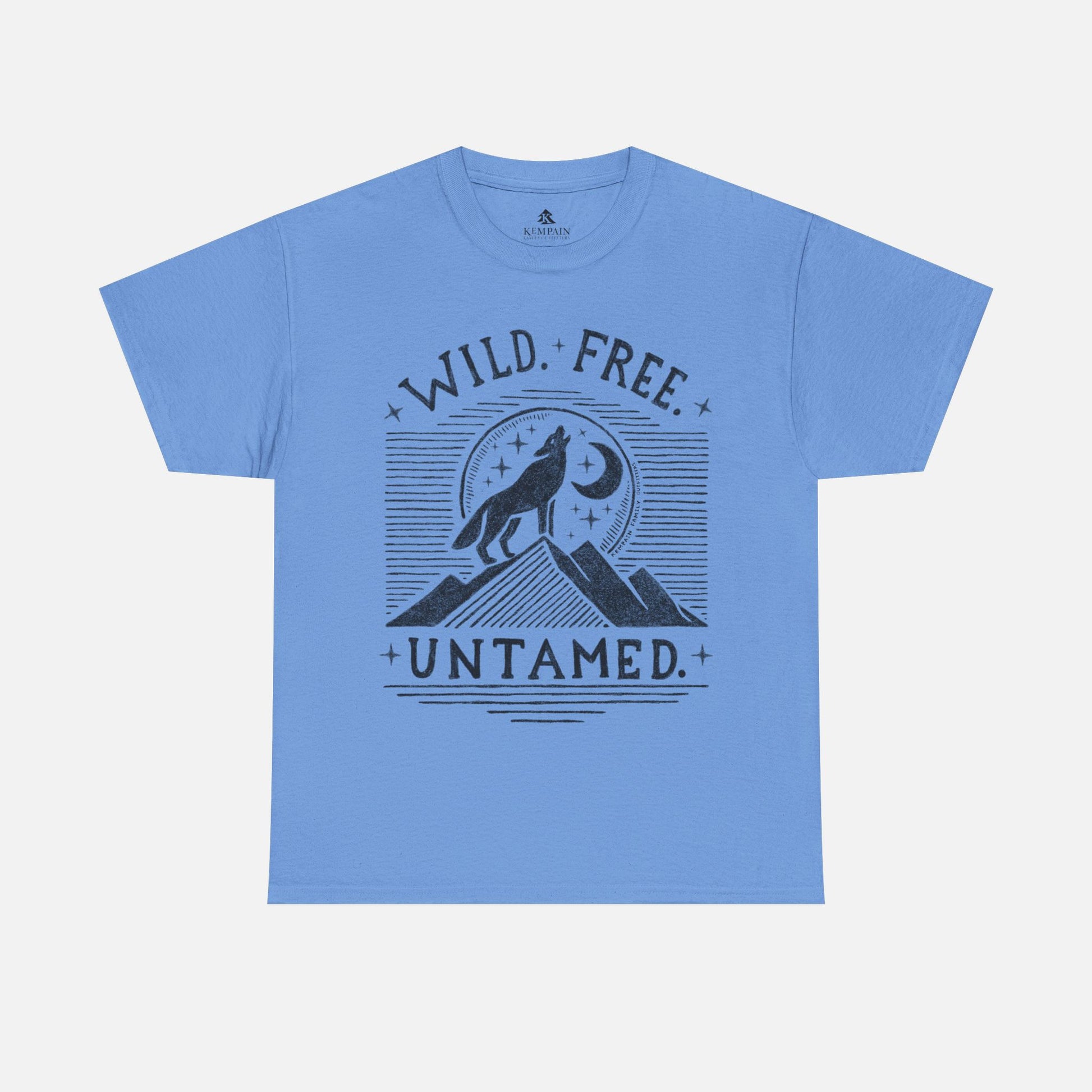 Wild. Free. Untamed. Wolf Howling Tee in blue on a white background, showcasing a bold wolf and moon design for outdoor enthusiasts.