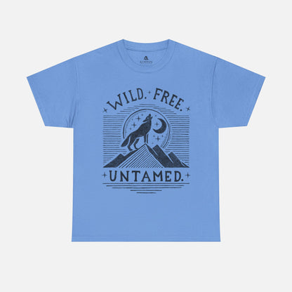 Wild. Free. Untamed. Wolf Howling Tee in blue on a white background, showcasing a bold wolf and moon design for outdoor enthusiasts.