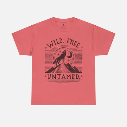Wild. Free. Untamed. Wolf Howling Tee in coral on a white background, showcasing a bold wolf and moon design for outdoor enthusiasts.