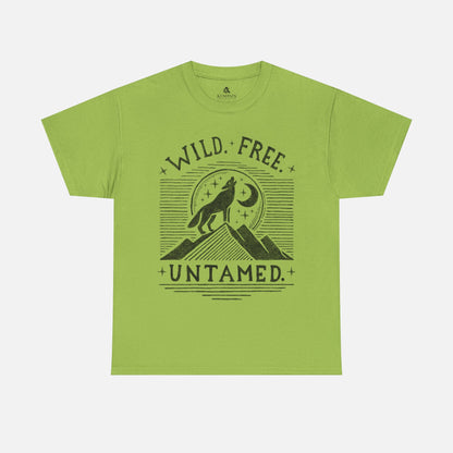 Wild. Free. Untamed. Wolf Howling Tee in green on a white background, showcasing a bold wolf and moon design for outdoor enthusiasts.