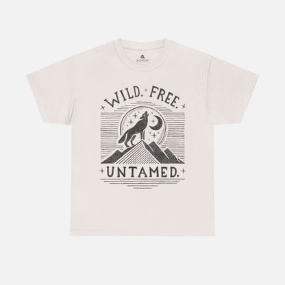 Wild. Free. Untamed. Wolf Howling Tee in ice grey on a white background, showcasing a bold wolf and moon design for outdoor enthusiasts.