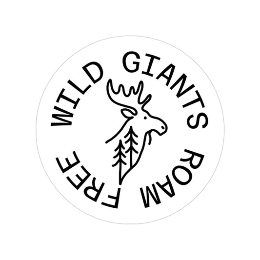 Circular logo with a moose and trees design, and text 'Wild Giants Roam Free', on a white background.