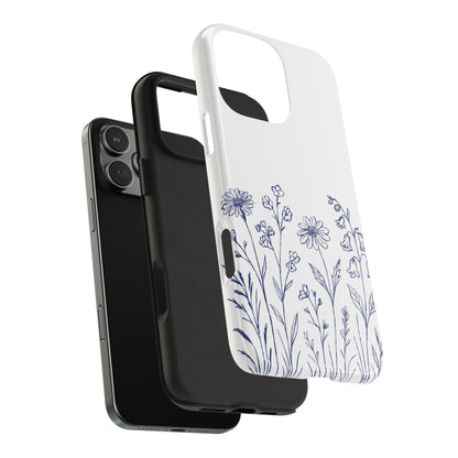 Wildflower Blue Phone Case exploded view showing dual-layer protection with inner rubber liner and tough outer shell.