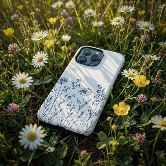 Phone case with floral design in a field of wildflowers