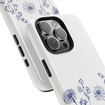 Wildflower Blue Phone Case featuring delicate hand-drawn floral design in serene blue on white background.