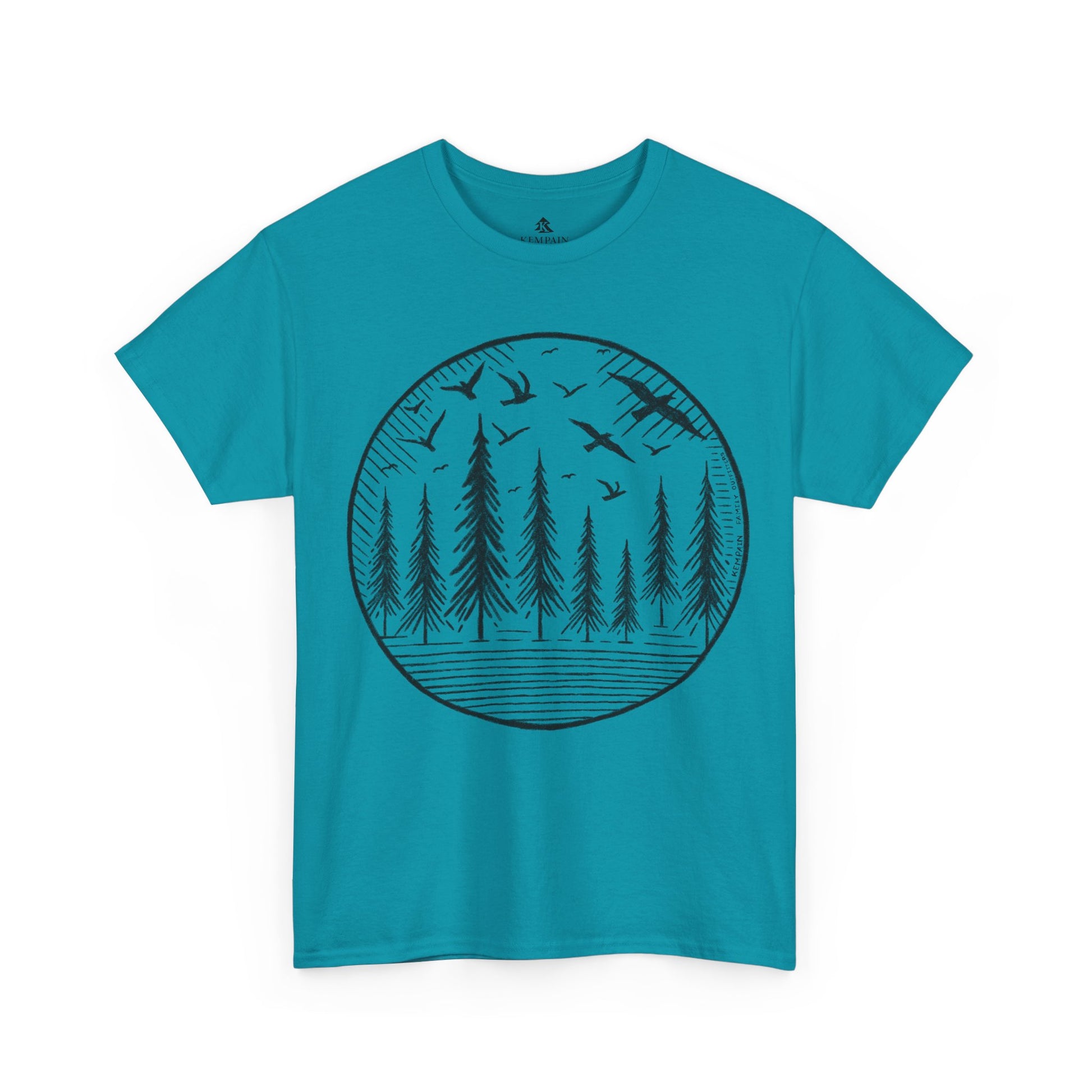 Wildwood Flight T-Shirt in blue on a white background, showcasing a minimalist wildlife-inspired design with birds and pine trees for adventurers.