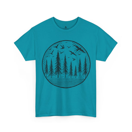 Wildwood Flight T-Shirt in blue on a white background, showcasing a minimalist wildlife-inspired design with birds and pine trees for adventurers.
