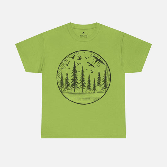 Wildwood Flight T-Shirt in green on a white background, showcasing a minimalist wildlife-inspired design with birds and pine trees for adventurers.