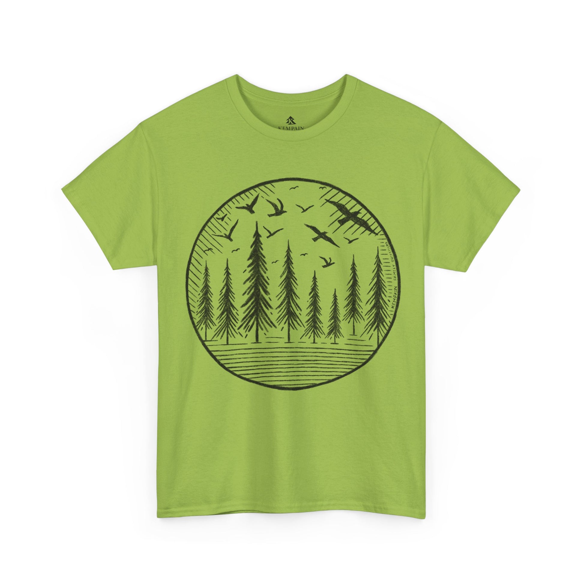 Wildwood Flight T-Shirt in green on a white background, showcasing a minimalist wildlife-inspired design with birds and pine trees for adventurers.