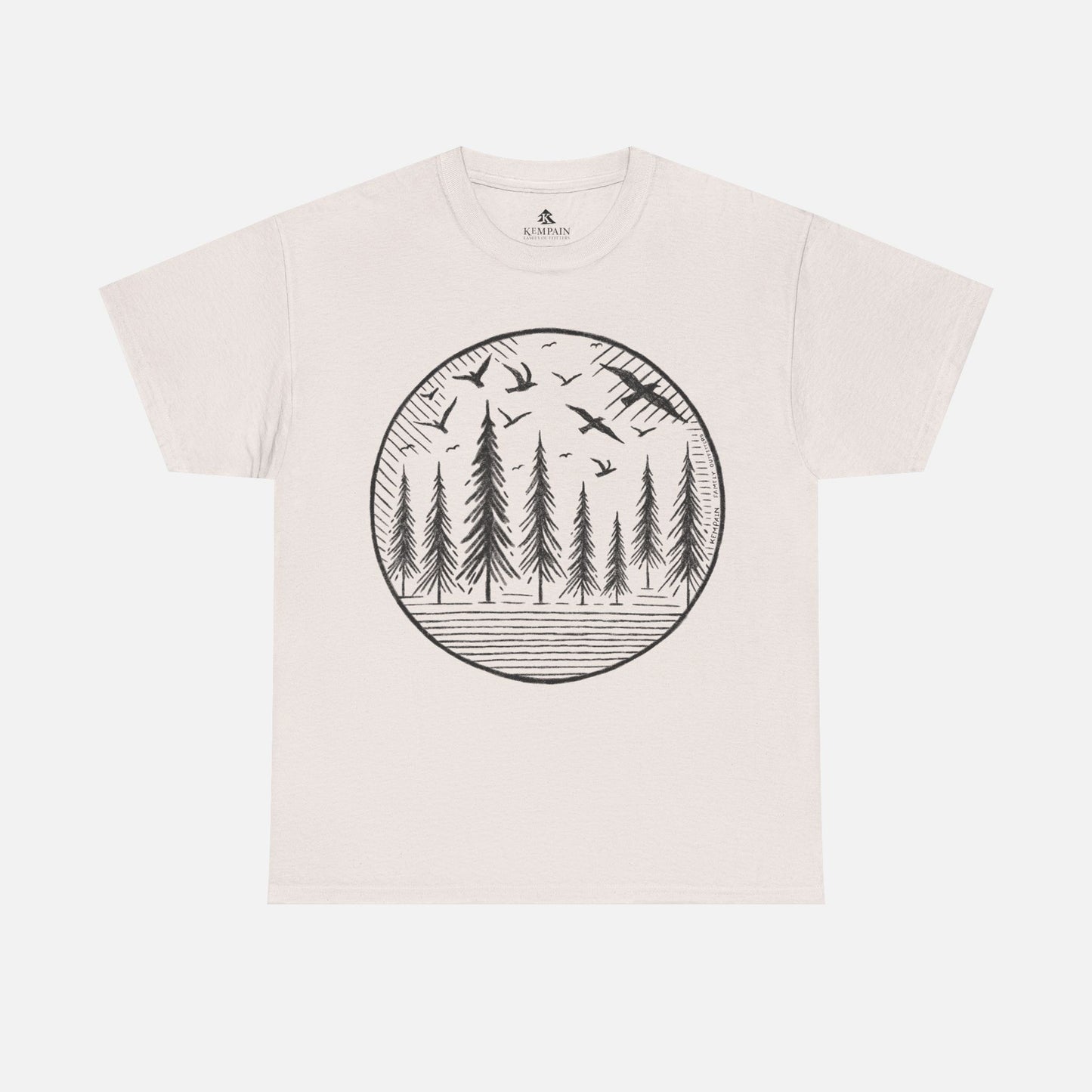 Wildwood Flight T-Shirt in ice gray on a white background, showcasing a minimalist wildlife-inspired design with birds and pine trees for adventurers.