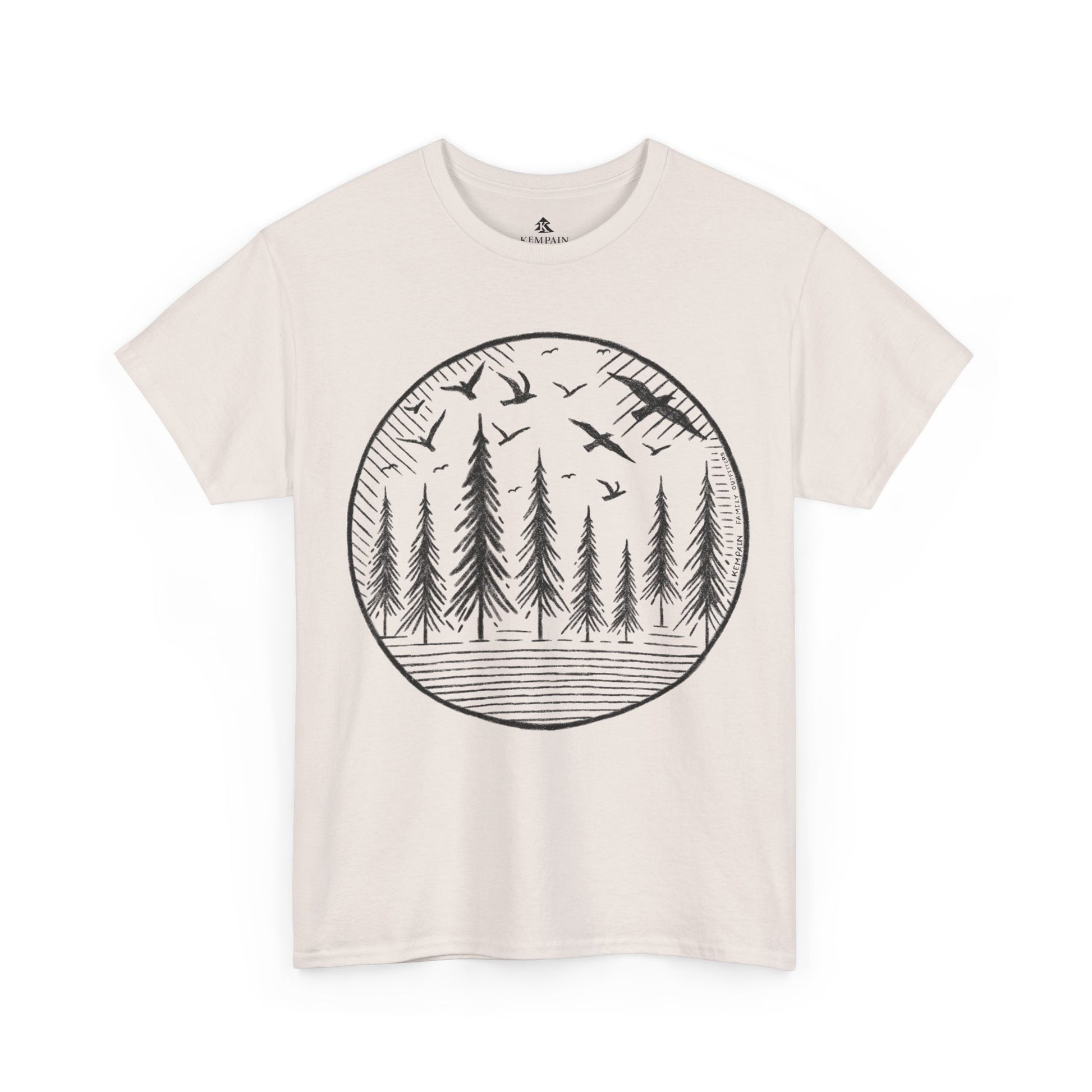 Wildwood Flight T-Shirt in ice gray on a white background, showcasing a minimalist wildlife-inspired design with birds and pine trees for adventurers.