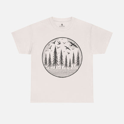 Wildwood Flight T-Shirt in ice gray on a white background, showcasing a minimalist wildlife-inspired design with birds and pine trees for adventurers.