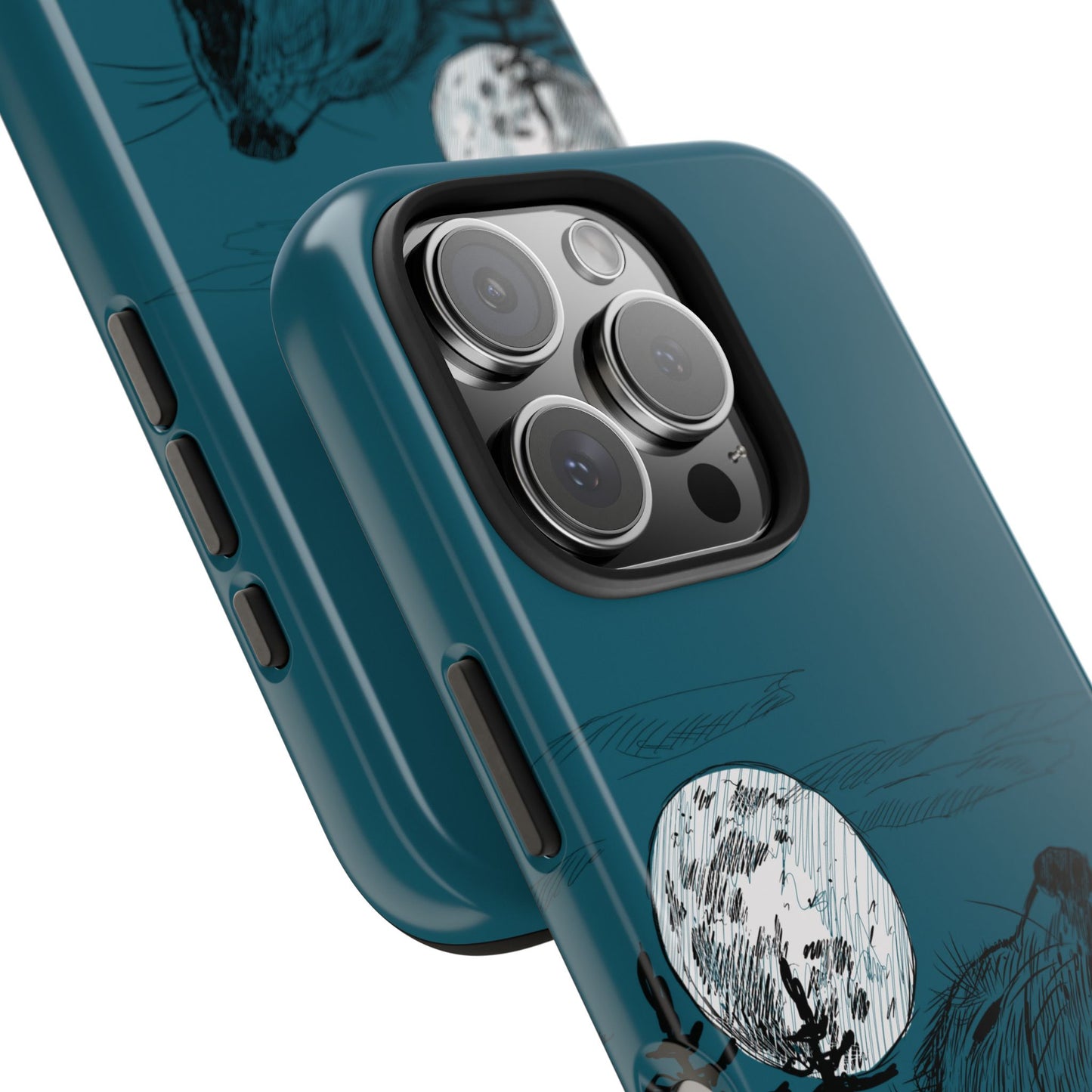 A phone case with a illustrated nature-inspired design featuring a silhouette of a wolf howling at the moon.