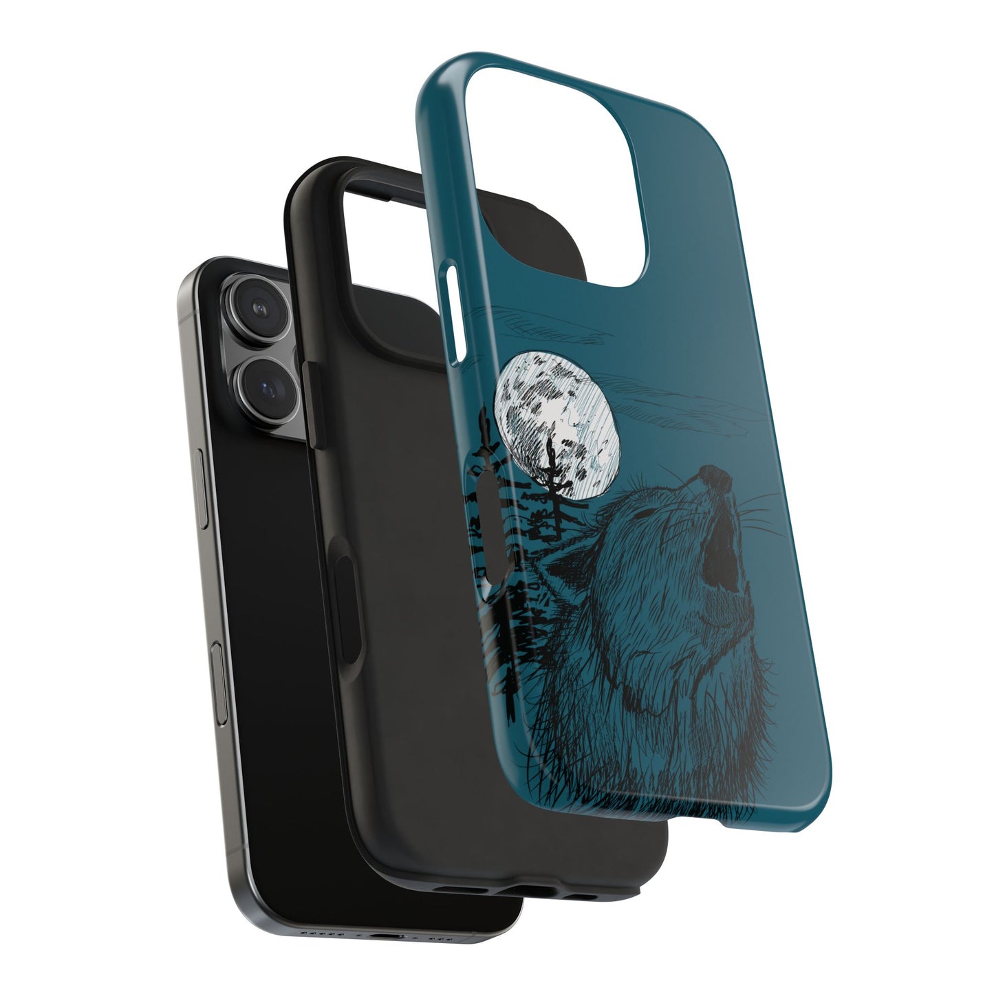 A phone case with a illustrated nature-inspired design featuring a silhouette of a wolf howling at the moon exploded view detailing the rubber liner of and outer plastic shell of the case.