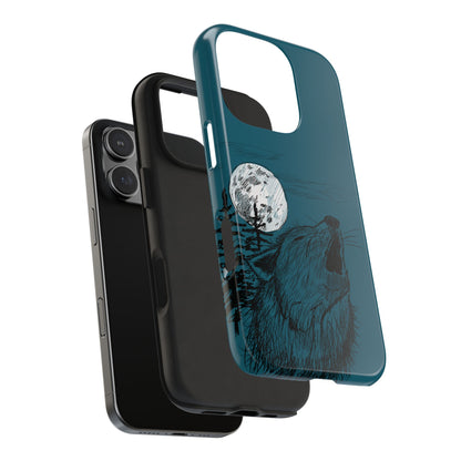 A phone case with a illustrated nature-inspired design featuring a silhouette of a wolf howling at the moon exploded view detailing the rubber liner of and outer plastic shell of the case.