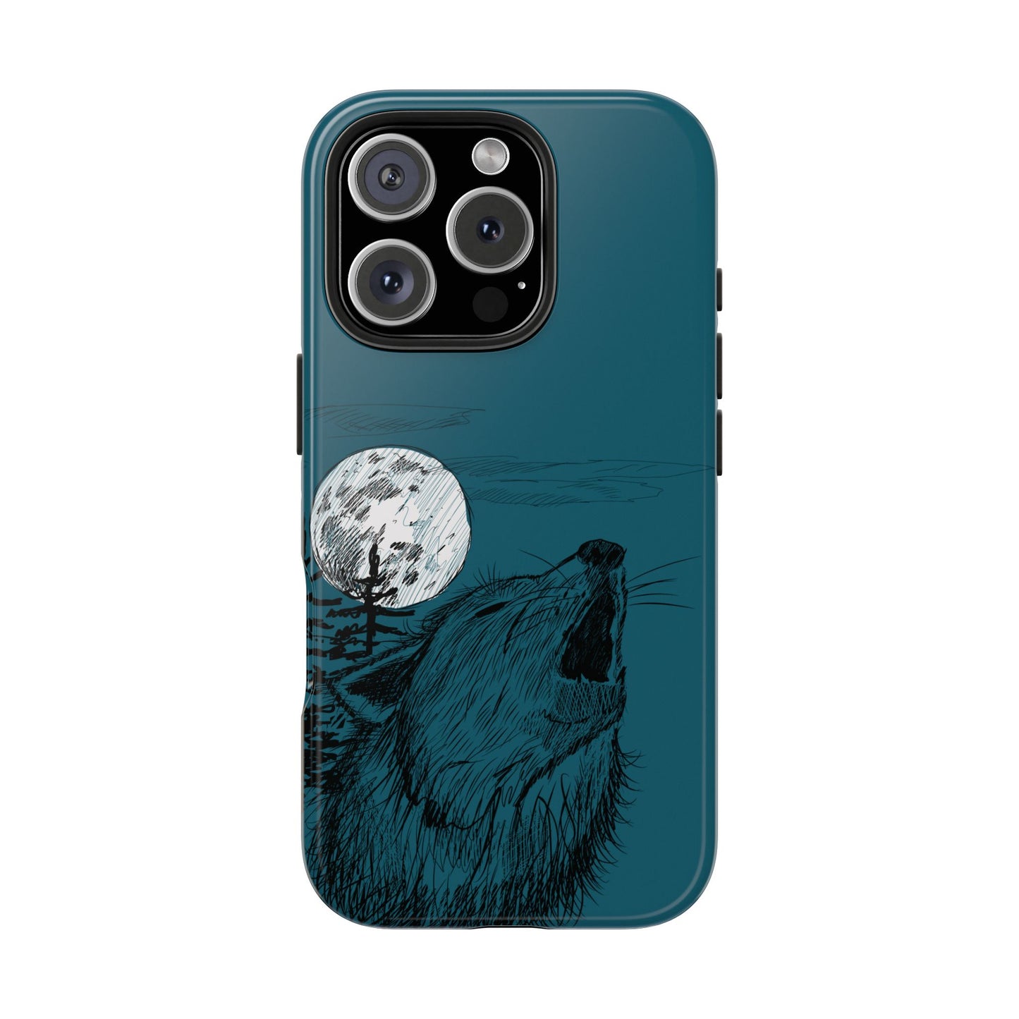 A phone case with a illustrated nature-inspired design featuring a silhouette of a wolf howling at the moon.