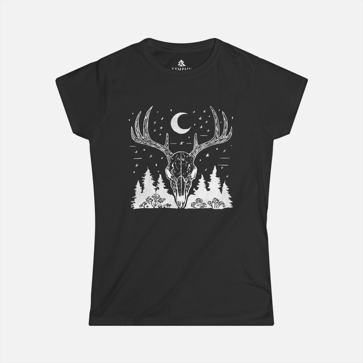 Women's Deer Skull T-Shirt in black displayed on a white background, highlighting the intricate deer skull, conifer trees, and moon illustration.