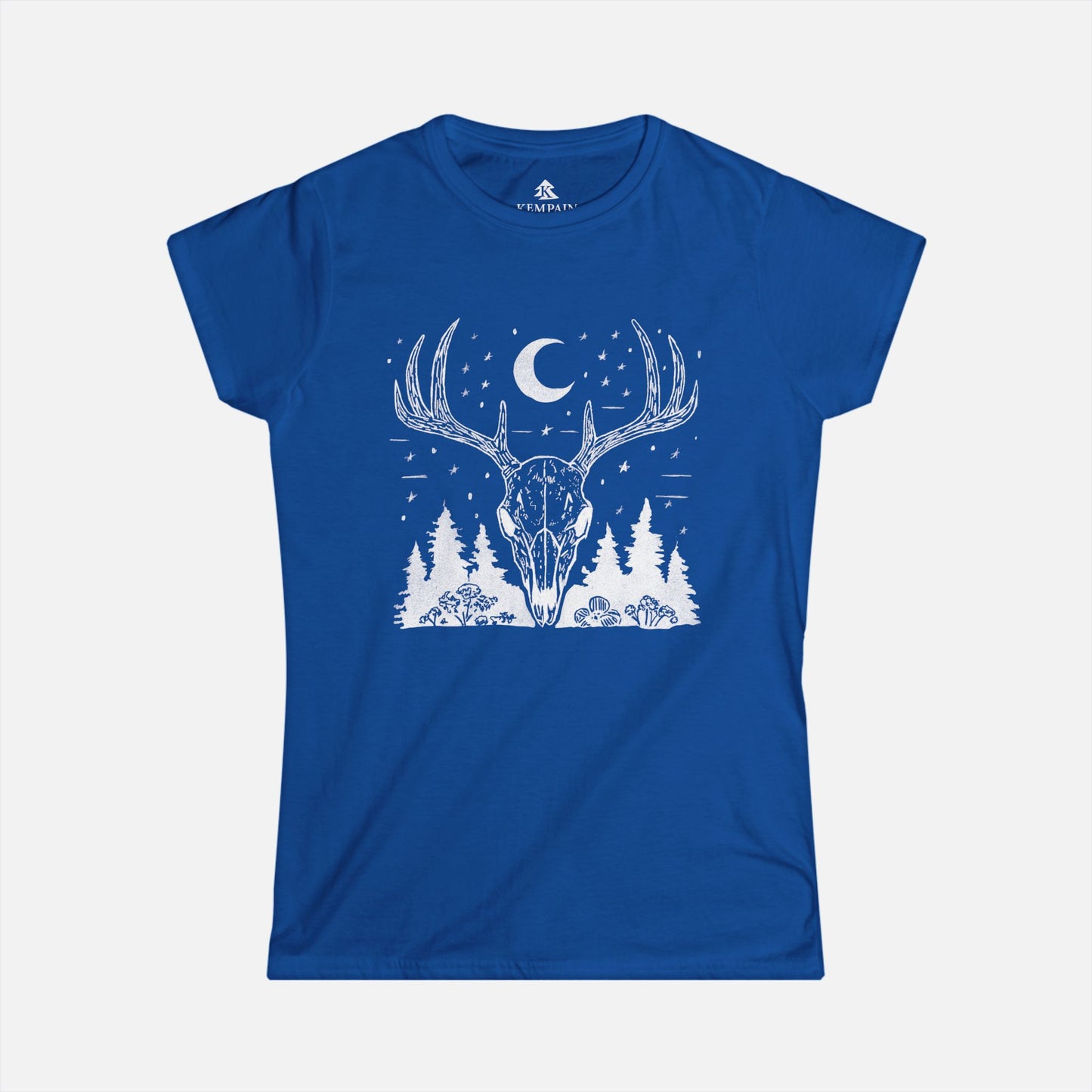 Women's Deer Skull T-Shirt in blue displayed on a white background, highlighting the intricate deer skull, conifer trees, and moon illustration.