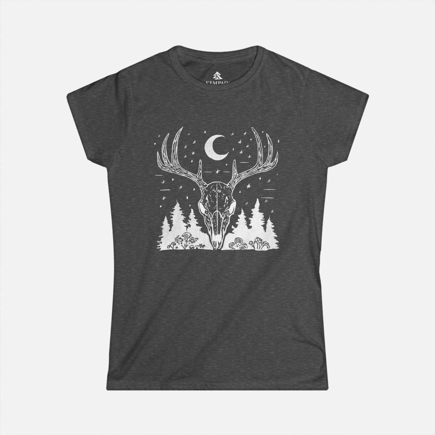 Women's Deer Skull T-Shirt in grey displayed on a white background, highlighting the intricate deer skull, conifer trees, and moon illustration.