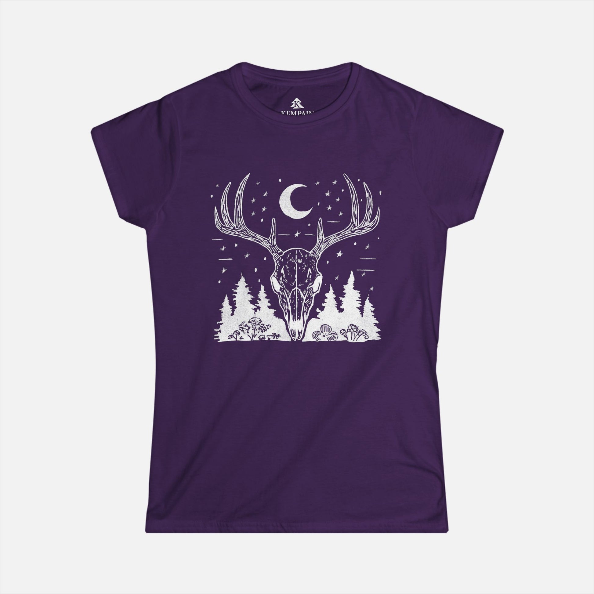 Women's Deer Skull T-Shirt in purple displayed on a white background, highlighting the intricate deer skull, conifer trees, and moon illustration.
