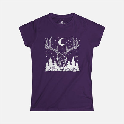Women's Deer Skull T-Shirt in purple displayed on a white background, highlighting the intricate deer skull, conifer trees, and moon illustration.