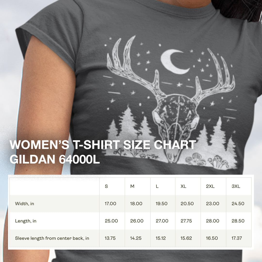 Size chart for the Women's Deer Skull T-Shirt, providing measurements for the perfect fit.