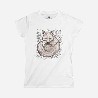 Fox in the Ferns Women's T-Shirt in white displayed flat on a white background, showcasing its whimsical fox and fern illustration.