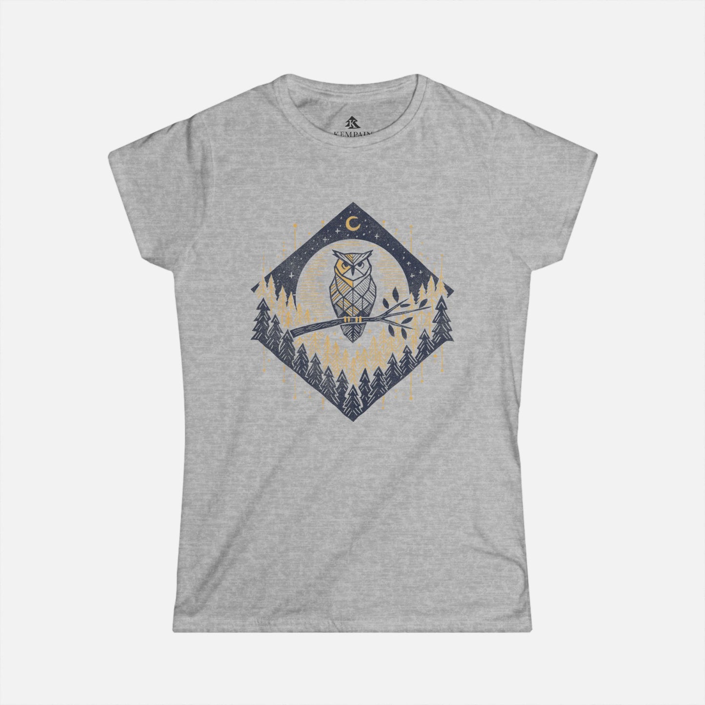 Women’s Owl & Pine Forest T-Shirt in Grey displayed flat on a white background, showcasing its geometric forest and owl illustration.
