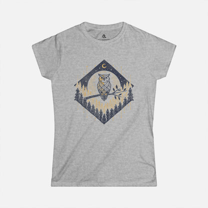 Women’s Owl & Pine Forest T-Shirt in Grey displayed flat on a white background, showcasing its geometric forest and owl illustration.