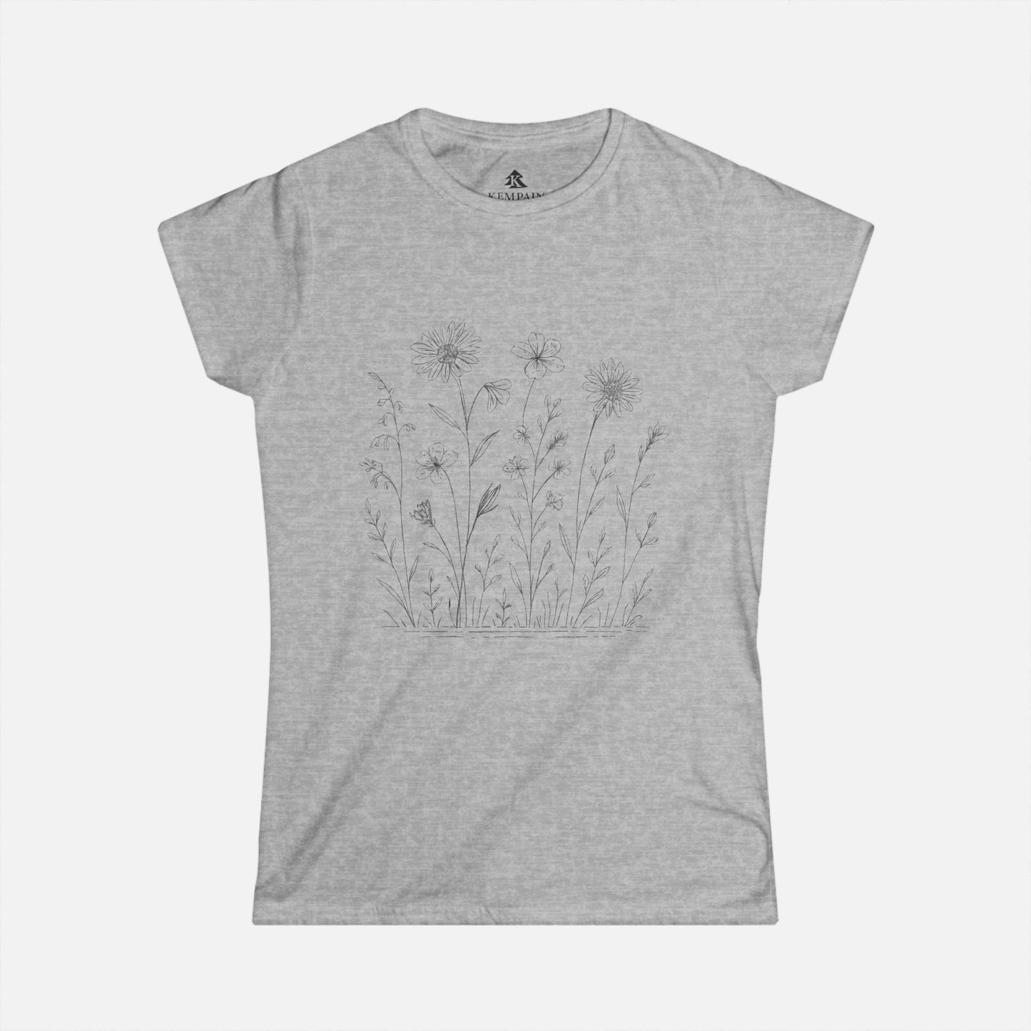 Women's grey Wildflower Breeze T-Shirt displayed on a white background, highlighting its nature-inspired wildflower design and soft fabric.