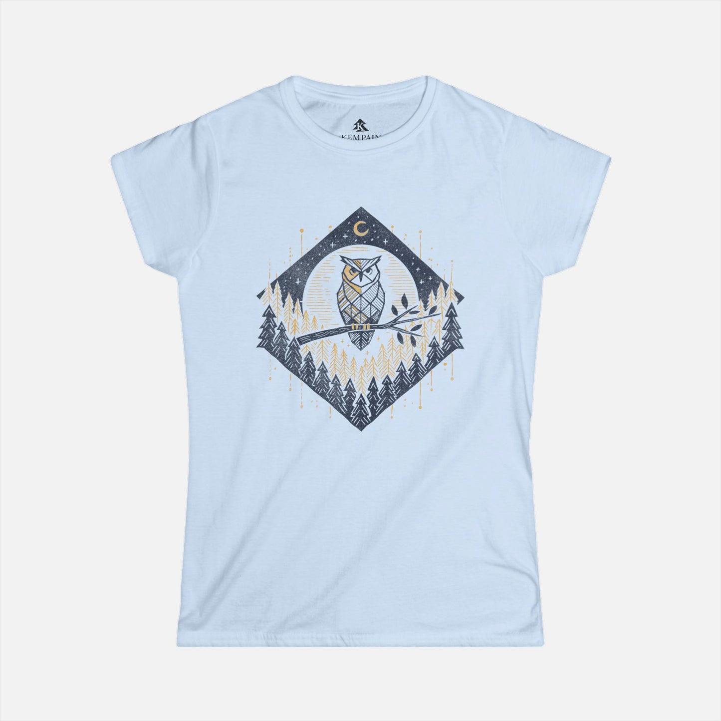 Women’s Owl & Pine Forest T-Shirt in light blue displayed flat on a white background, showcasing its geometric forest and owl illustration.