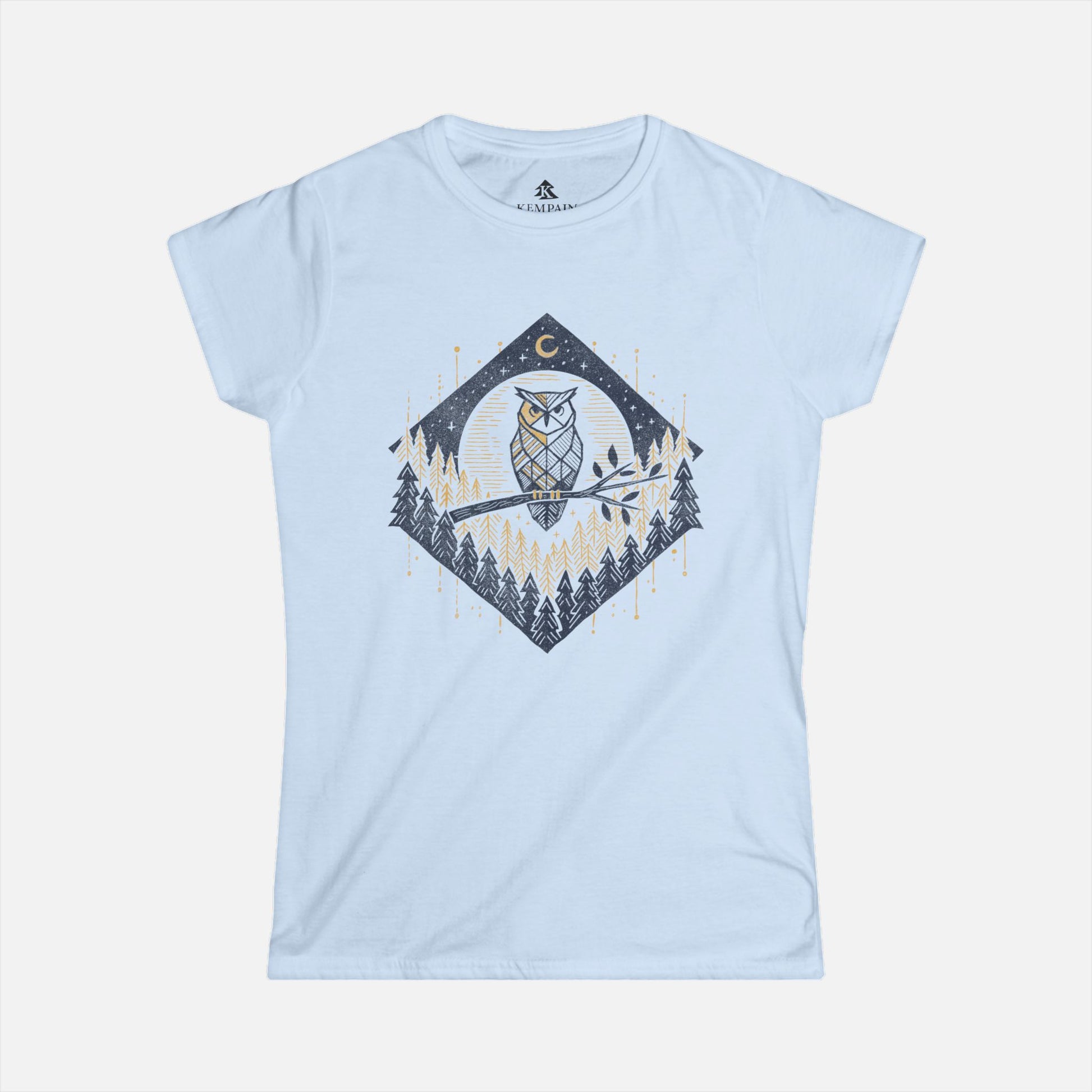 Women’s Owl & Pine Forest T-Shirt in light blue displayed flat on a white background, showcasing its geometric forest and owl illustration.